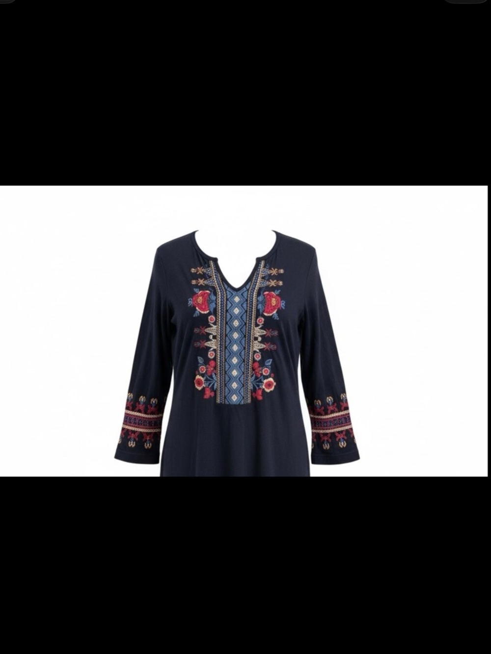JW Los Angeles Joy Love Light Embroidered Floral Boho Black Tunic Top Womens XS